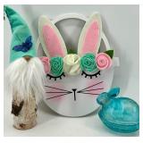 L.E. Smith Glass Rabbit Nesting Dish & Gnome with Teal Hat & Bunny Face Floral Crown Plaque