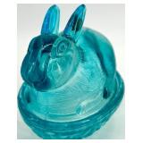 L.E. Smith Glass Rabbit Nesting Dish & Gnome with Teal Hat & Bunny Face Floral Crown Plaque