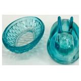 L.E. Smith Glass Rabbit Nesting Dish & Gnome with Teal Hat & Bunny Face Floral Crown Plaque