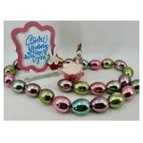 Ceramic Bunny Candle Holder With Pink Tulip Base & Multicolor Egg Garland and Sign