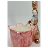 Ceramic Bunny Candle Holder With Pink Tulip Base & Multicolor Egg Garland and Sign