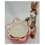 Ceramic Bunny Candle Holder With Pink Tulip Base & Multicolor Egg Garland and Sign