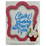 Ceramic Bunny Candle Holder With Pink Tulip Base & Multicolor Egg Garland and Sign