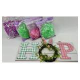 HOP Easter Sign with Wreath on Wood Board & Artificial Grasses