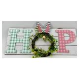 HOP Easter Sign with Wreath on Wood Board & Artificial Grasses