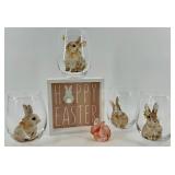Pier 1 Bunny Glasses with Happy Easter Sign & Pink Bunny Candle Holder