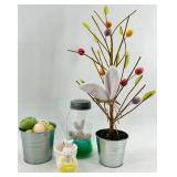 Easter Decor Set: Bunny Figurine in Yellow Dress, Glass Jar with Bunny, Egg Bucket & Easter Tree