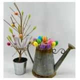 Galvanized Watering Can & Mini Tree Planter - 2-Piece Easter Decor with Colorful Eggs