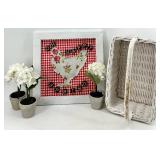 Country Farmhouse Spring Decor Set - Framed Chicken Art & 3 Hydrangeas & Wicker Basket (Lot of 5)