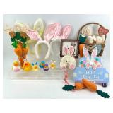 Easter Bunny Decor Assortment - Plush Bunnies, Carrot Plush, Ducks & Cross-Stitch Art
