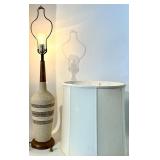 Mid-Century Ceramic Table Lamp with Speckled Beige Base & Brown Stripes - Beige Shade