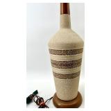 Mid-Century Ceramic Table Lamp with Speckled Beige Base & Brown Stripes - Beige Shade