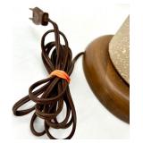 Mid-Century Ceramic Table Lamp with Speckled Beige Base & Brown Stripes - Beige Shade