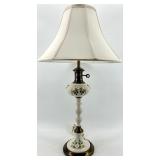 Vintage Hand-Painted Porcelain Table Lamp with Roses & Leaves - Brass Accents