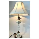 Vintage Hand-Painted Porcelain Table Lamp with Roses & Leaves - Brass Accents