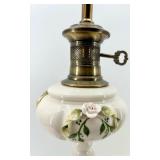Vintage Hand-Painted Porcelain Table Lamp with Roses & Leaves - Brass Accents