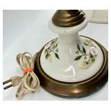 Vintage Hand-Painted Porcelain Table Lamp with Roses & Leaves - Brass Accents