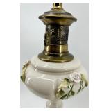 Vintage Hand-Painted Porcelain Table Lamp with Roses & Leaves - Brass Accents