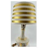 Vintage Floral Porcelain Table Lamp with Gold Trim & Striped Shade