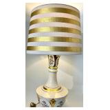 Vintage Floral Porcelain Table Lamp with Gold Trim & Striped Shade
