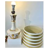 Vintage Floral Porcelain Table Lamp with Gold Trim & Striped Shade