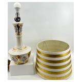 Vintage Floral Porcelain Table Lamp with Gold Trim & Striped Shade