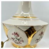 Vintage Floral Porcelain Table Lamp with Gold Trim & Striped Shade