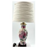 Vintage Floral Porcelain Table Lamp with Gold Trim & Striped Shade