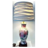 Vintage Floral Porcelain Table Lamp with Gold Trim & Striped Shade