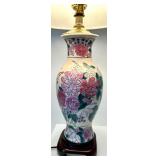 Vintage Floral Porcelain Table Lamp with Gold Trim & Striped Shade