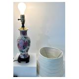 Vintage Floral Porcelain Table Lamp with Gold Trim & Striped Shade