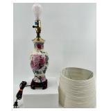 Vintage Floral Porcelain Table Lamp with Gold Trim & Striped Shade