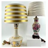Vintage Floral Porcelain Table Lamp with Gold Trim & Striped Shade