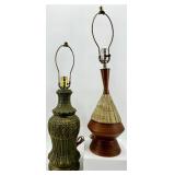 Vintage Mid Century Lamps - Green Glazed Ceramic Table Lamp & Beige Ribbed Table Lamp (Lot of 2)