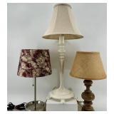 Table Lamps - Set of 3 Vintage White & Burlap Shade Lamps, Burgundy Damask Shade