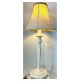 Table Lamps - Set of 3 Vintage White & Burlap Shade Lamps, Burgundy Damask Shade