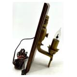 Brass Wall Sconces & Wood Back Panel - Electric Candle Lamps
