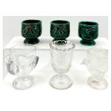 Egg Cups - Clear Glass Rooster & Green Holly-Pattern Ceramic Set (Lot of 6)
