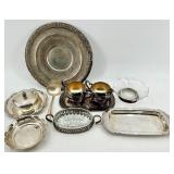 Reed & Barton Silver Plate Charger Plate with Sugar Bowls on Stand, Rectangular Tray & Crystal Bowl