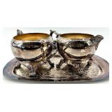 Reed & Barton Silver Plate Charger Plate with Sugar Bowls on Stand, Rectangular Tray & Crystal Bowl