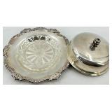 Reed & Barton Silver Plate Charger Plate with Sugar Bowls on Stand, Rectangular Tray & Crystal Bowl