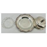 Reed & Barton Silver Plate Charger Plate with Sugar Bowls on Stand, Rectangular Tray & Crystal Bowl