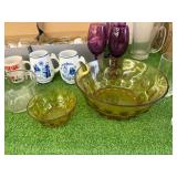 Glassware, Cups, Pitcher & Colored Glass Bowl Glassware, Cups, Pitcher & Colored Glass Bowl