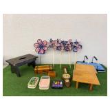 Mixed Lot - Patriotic Pin Wheels, Wood Boxes & Stools Mixed Lot - Patriotic Pin Wheels, Wood Boxes & Stools