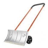 Snow Pusher Shovel with Wheels, 33.46 in. Metal, Handle, Bi-Metal, Wheeled Snowplow Shovel
