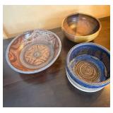 Three Stoneware Bowls - Hand-Thrown Ceramic Set, Marked Three Stoneware Bowls - Hand-Thrown Ceramic Set, Marked