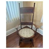 Antique Windsor Rocking Chair - Carved Back & Spindle Details - Upholstered Round Seat Antique Windsor Rocking Chair - Carved Back & Spindle Details - Upholstered Round Seat