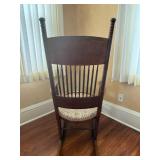 Antique Windsor Rocking Chair - Carved Back & Spindle Details - Upholstered Round Seat Antique Windsor Rocking Chair - Carved Back & Spindle Details - Upholstered Round Seat