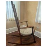 Antique Windsor Rocking Chair - Carved Back & Spindle Details - Upholstered Round Seat Antique Windsor Rocking Chair - Carved Back & Spindle Details - Upholstered Round Seat