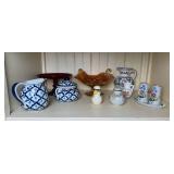 Decorative Ceramic Collection - Blue & White Pitcher, Lidded Jars, Amber Glass Centerpiece (Lot of 9) Decorative Ceramic Collection - Blue & White Pitcher, Lidded Jars, Amber Glass Centerpiece (Lot of 9)